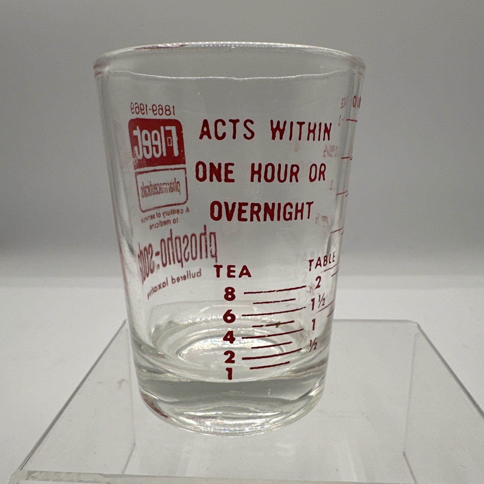 Old Advertising Druggist Dose Glass FLEET Buffered Laxative Phospho Soda