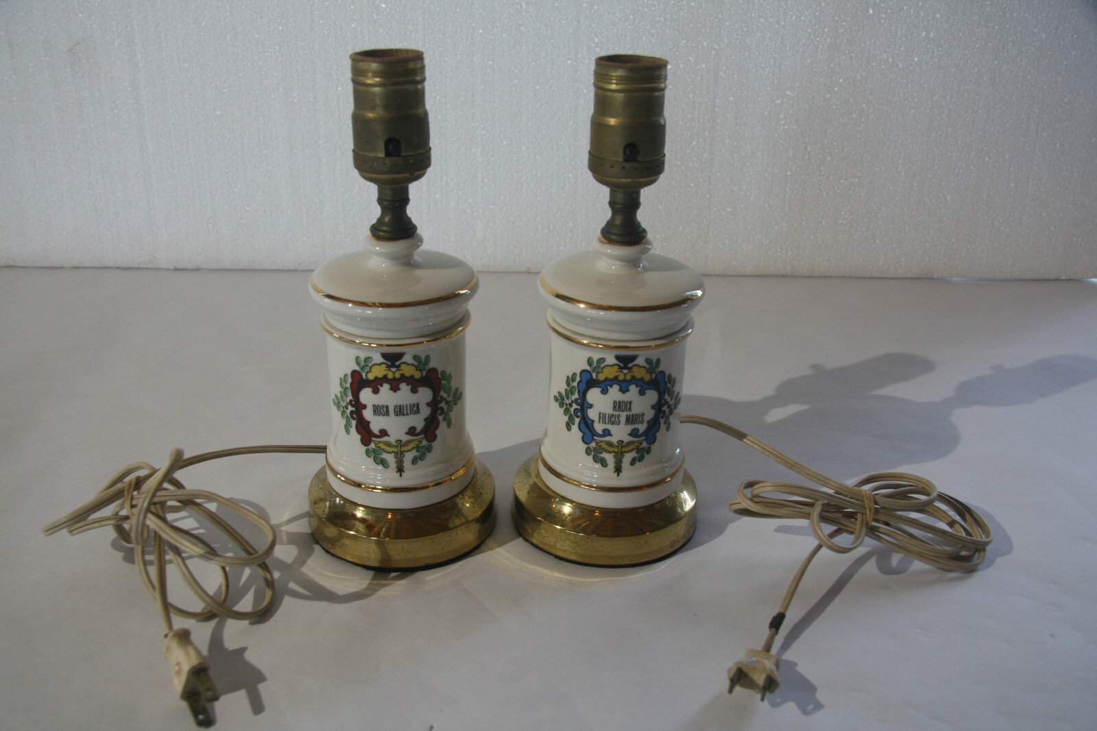 Vintage Pharmacy Apothecary Jar Lamps – Two – Radix Filicis Maris & Rosa Gallica