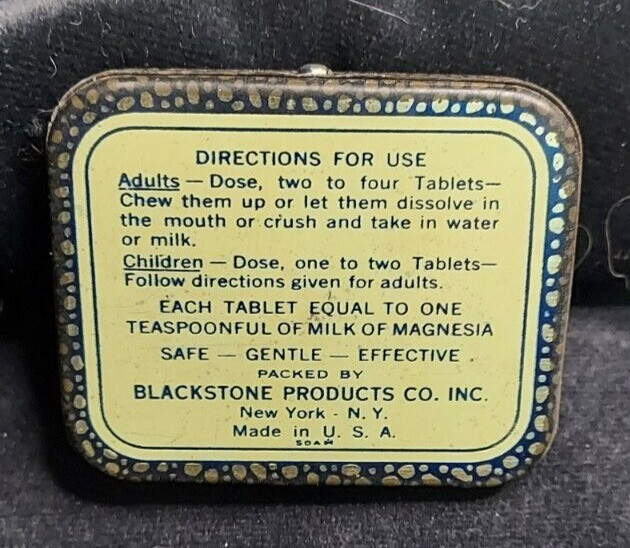 Old Medicine Tin Blackstone’s Magnesia Tablets Blackstone Products New York