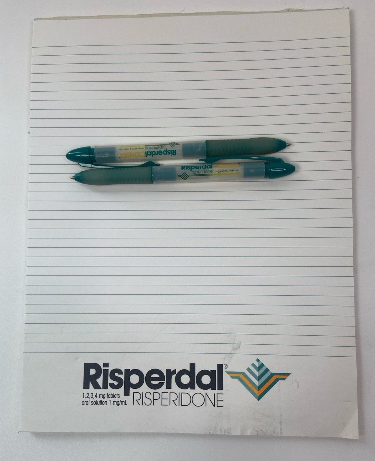 Lot of 2 Risperdal Medical Drug Rep Pharmaceutical Pens White Green And Notepad