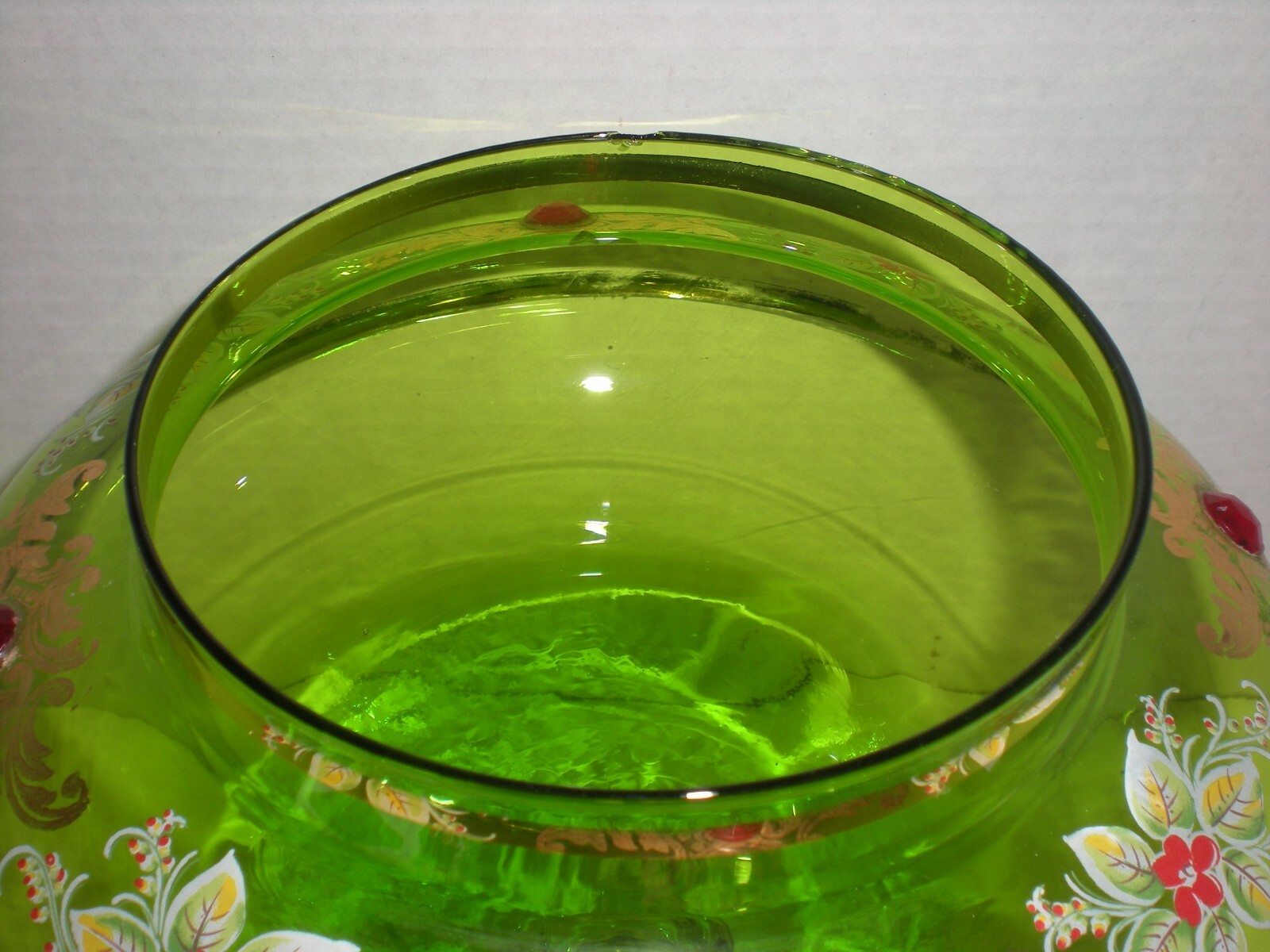 12″ Green Apothecary Jar Canister Circus Tent Lid Vtg Hand Blown Xmas Poinsettia