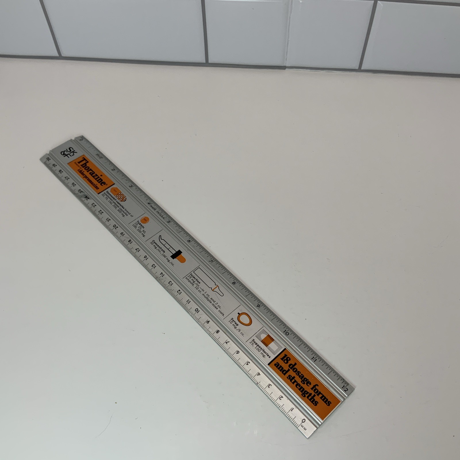 VINTAGE SKF THORAZINE ANTIPSYCHOTIC MEDICATION ADVERTISING METAL 12″ RULER