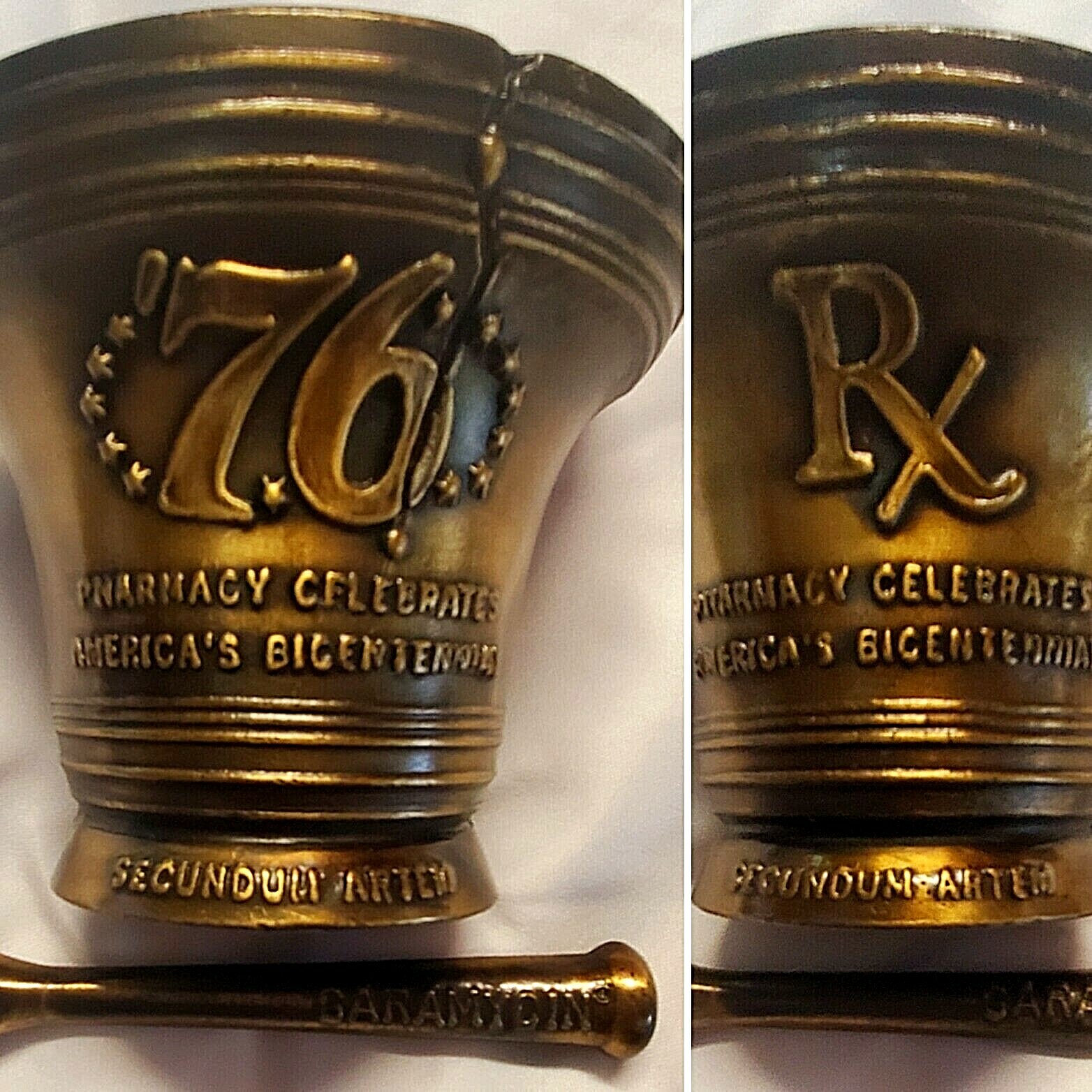 BRASS 1976 RX MORTAR & PESTLE BICENTENNIAL LIBERTY BELL GARAMYCIN ON PESTLE