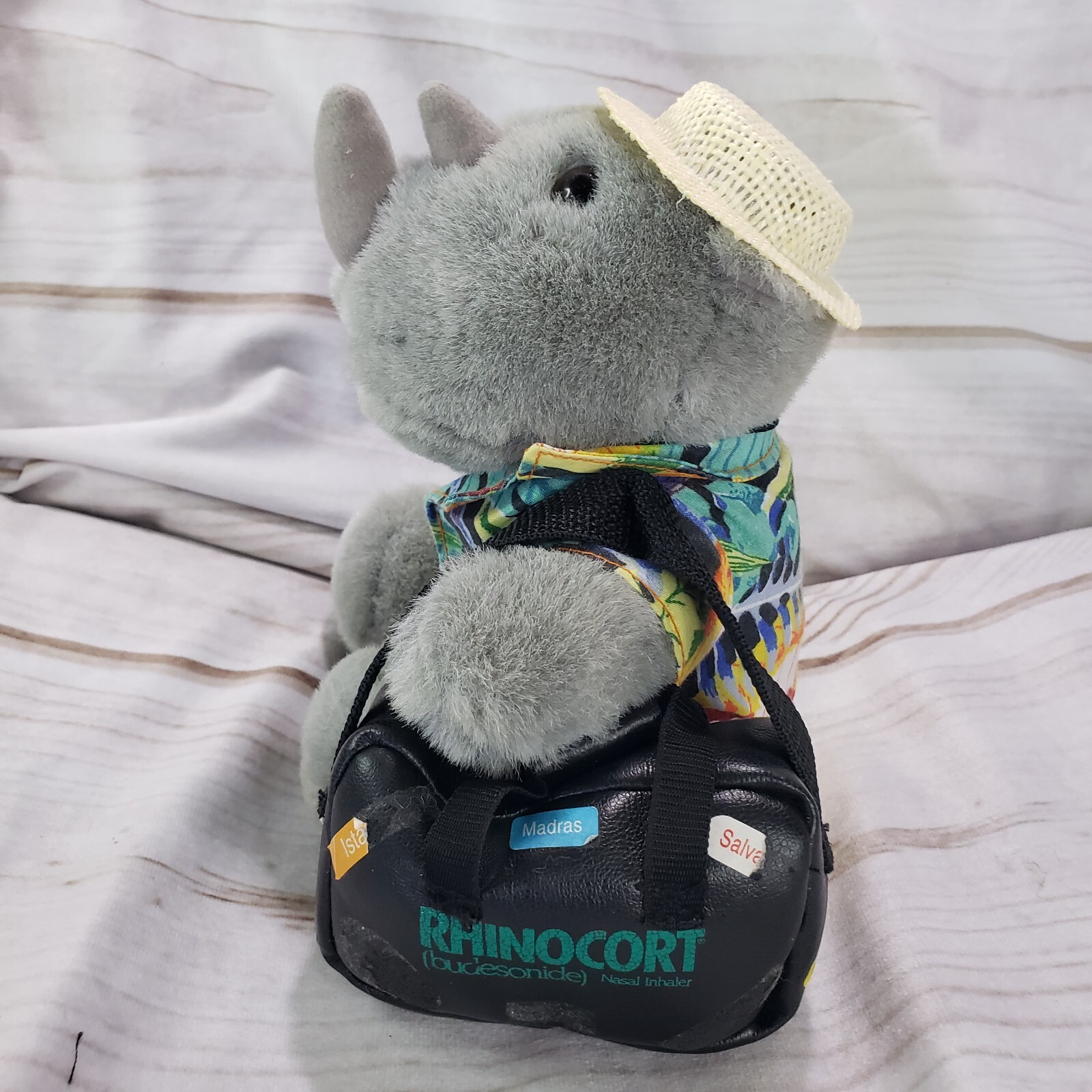 Rhinocort Promotional Plush Rhinoceros Tourist Hawaiian Shirt Has Wear 6 Inch