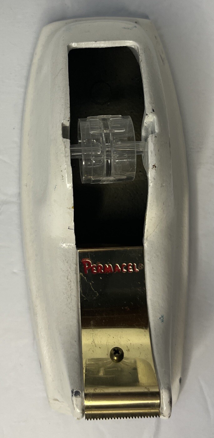Vintage Permacel Advertising Medicine Cast Iron Desk Tape Dispenser. White