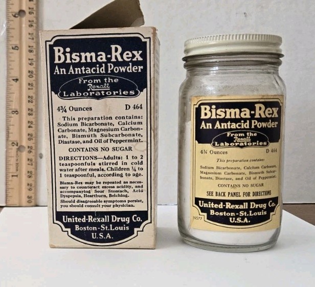 Vintage Bisma-Rex Calcium Carbonate Antacid Bottle And Box Mid 1900s