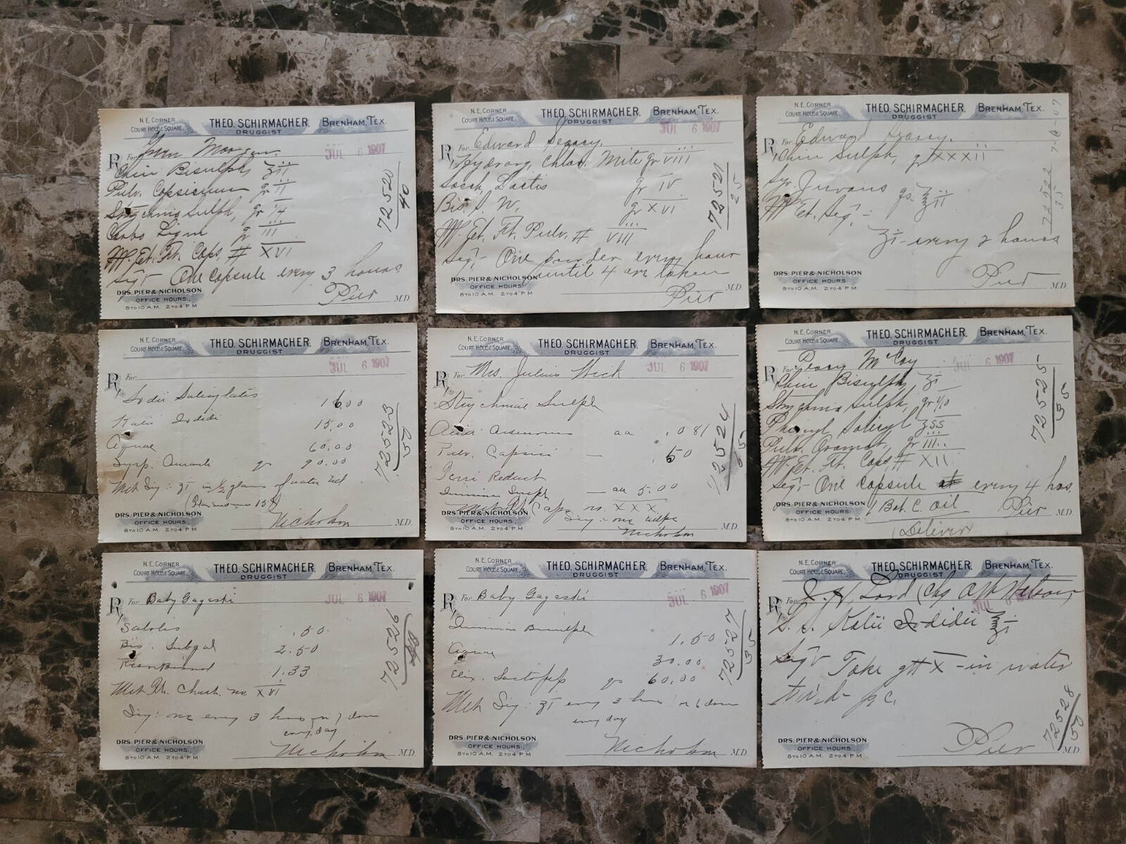 File box & 98 antique prescriptions (1907) – Opium, Ergot, Codeine & Anodyne