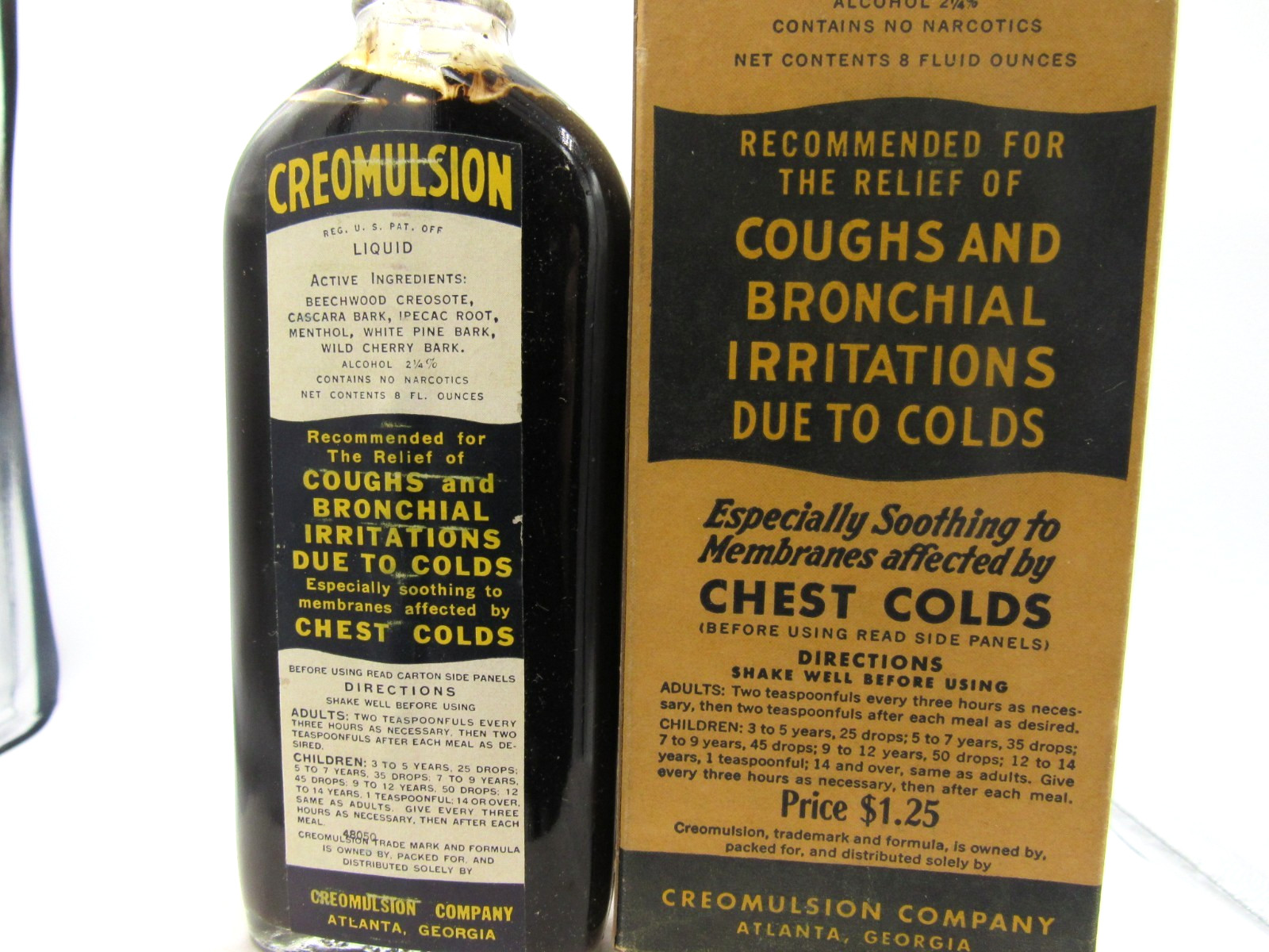 BW – 1930s Creomulsion Coughs Bronchial Atlanta Ga 7 3/4 ” Medicine bottle Box