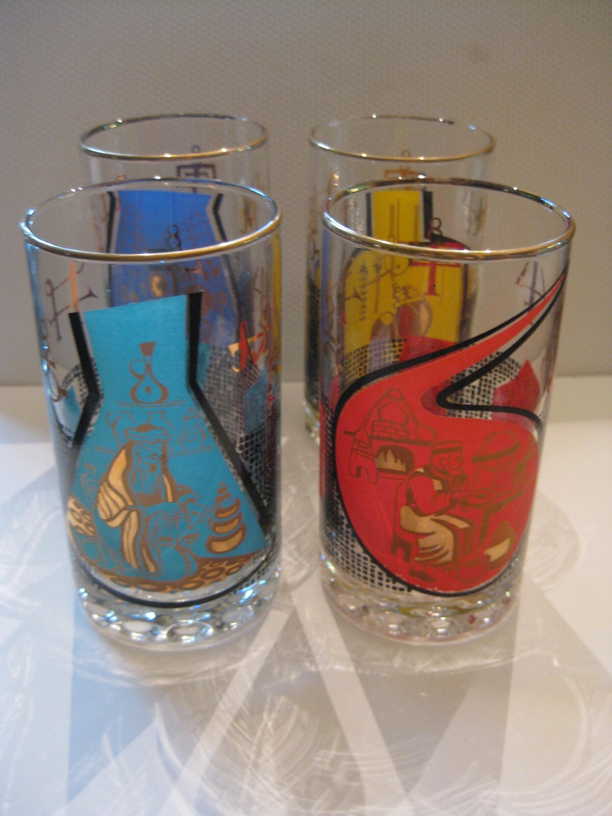 1960s Roerig Pharmaceutical Highball Glasses Set of Four Multi-Color Graphics