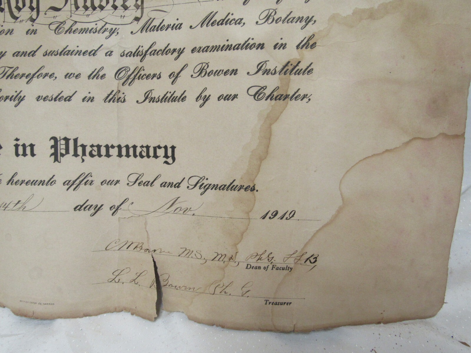 Vtg Bowen Institute of Pharmacy Graduation Certificate Nov. 14, 1919 Roy Aubrey