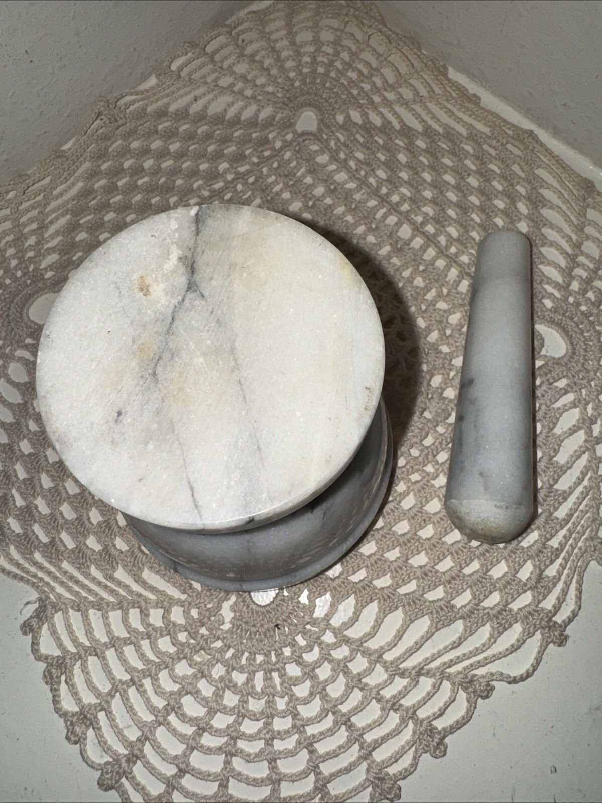 Vintage 1960’s White Italian Marble Mortar And Pestle 3+ Pounds 4-1/8” H x 4” W