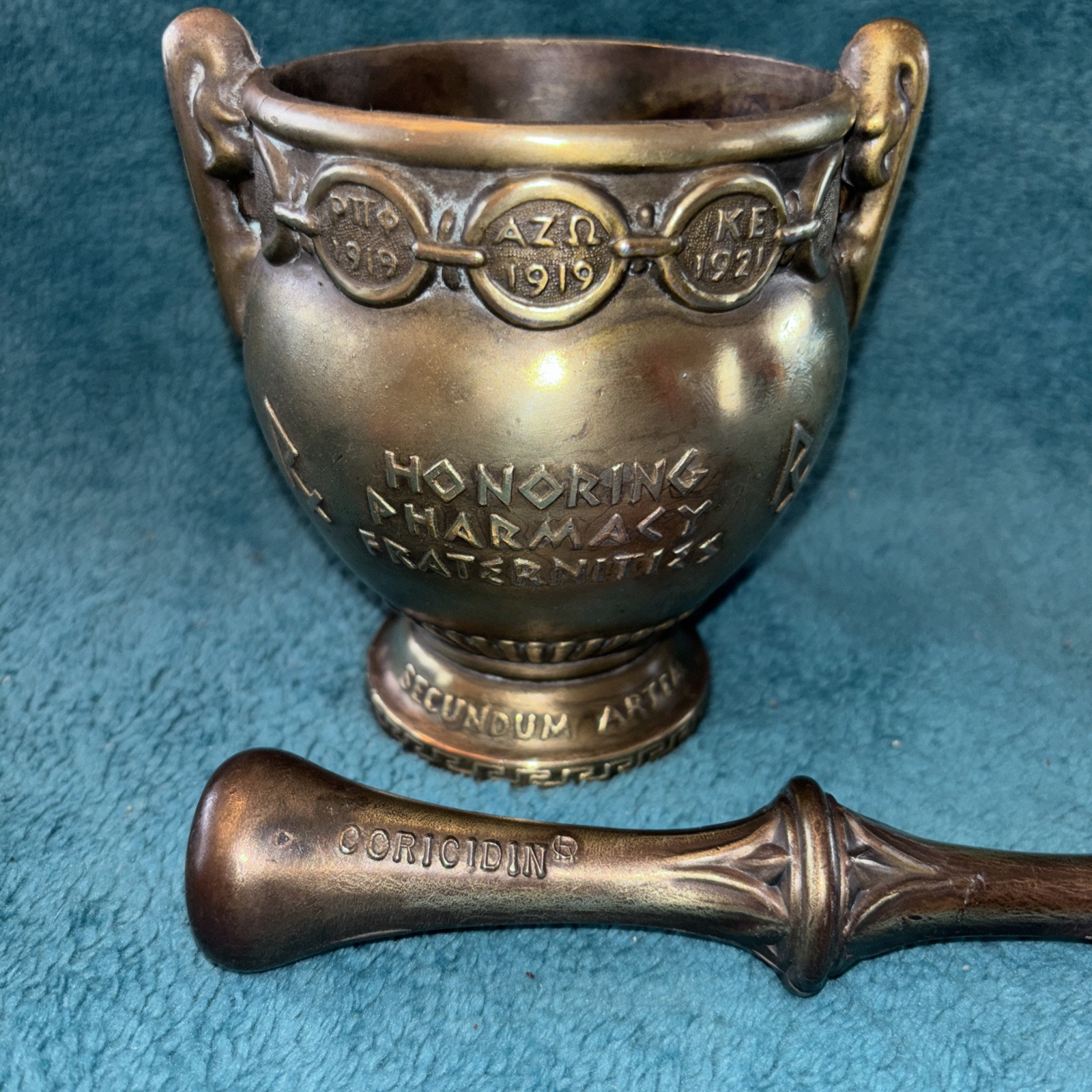 Vtg Heavy Brass Schering 5” Mortar & Pestle Coricidin Pharmacy Fraternities #OO