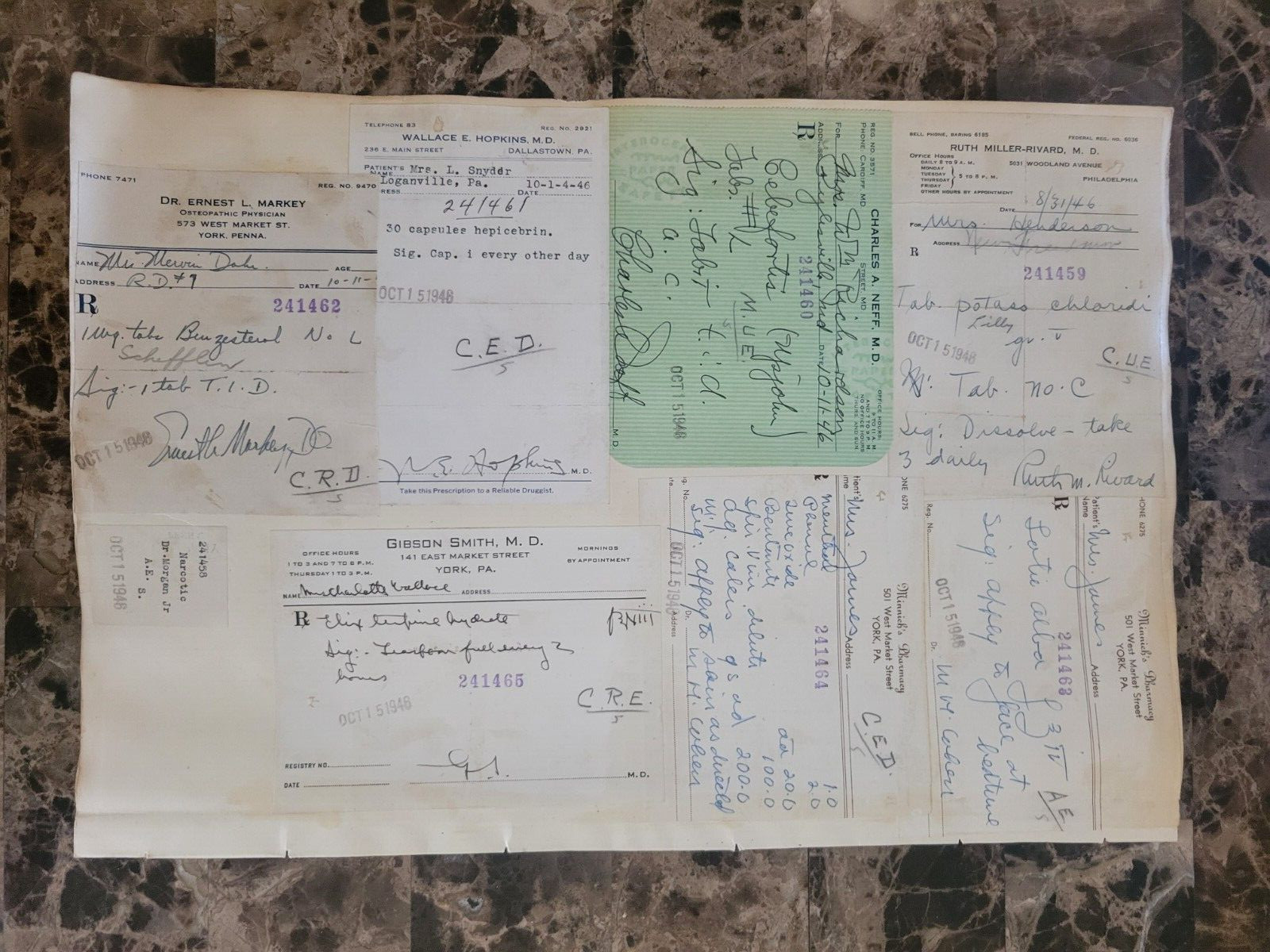 1946 2-sided Pharmacy Ledger Page – 16 vintage prescriptions – ERGOT