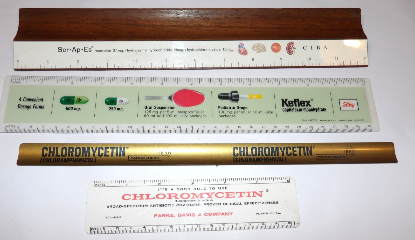 4 VINTAGE 1960s-70s PHARMACUTICAL ADVERTISING RULERS! CIBA/LILLY/PARKE-DAVIS!
