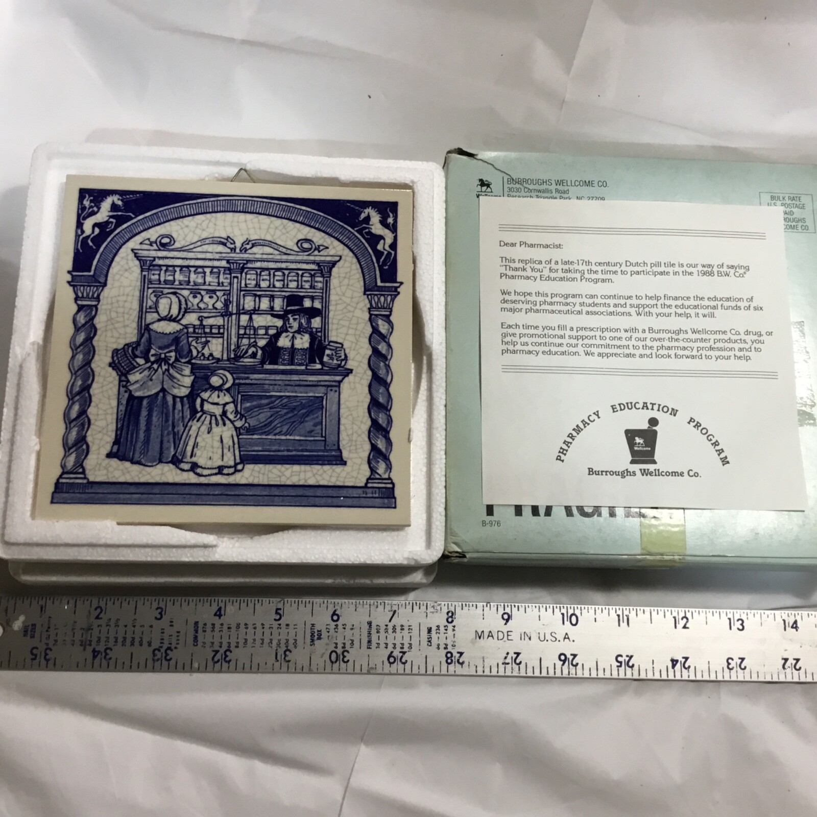 Vintage 1988 Burroughs Well replica 17th century Dutch pill tile for Pharmacists