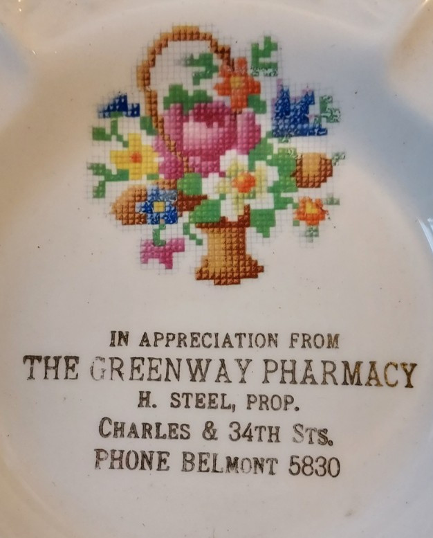 Old Advertising Ashtray Greenway Pharmacy Steel Baltimore New Yorker Salem 22KT