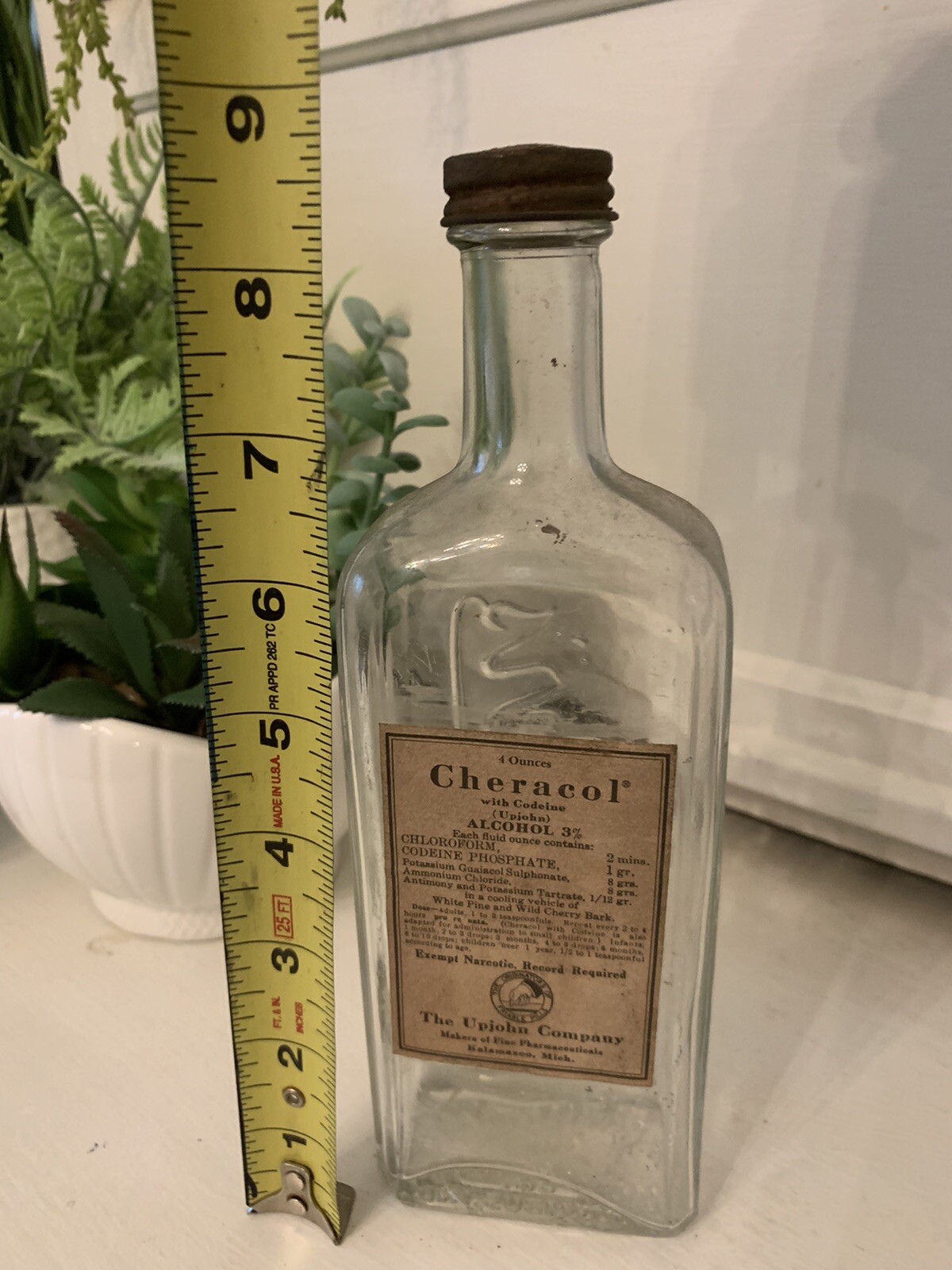 Vintage CHERACOL Cough Syrup Bottle Upjohn Kalamazoo MI Original Label Cap