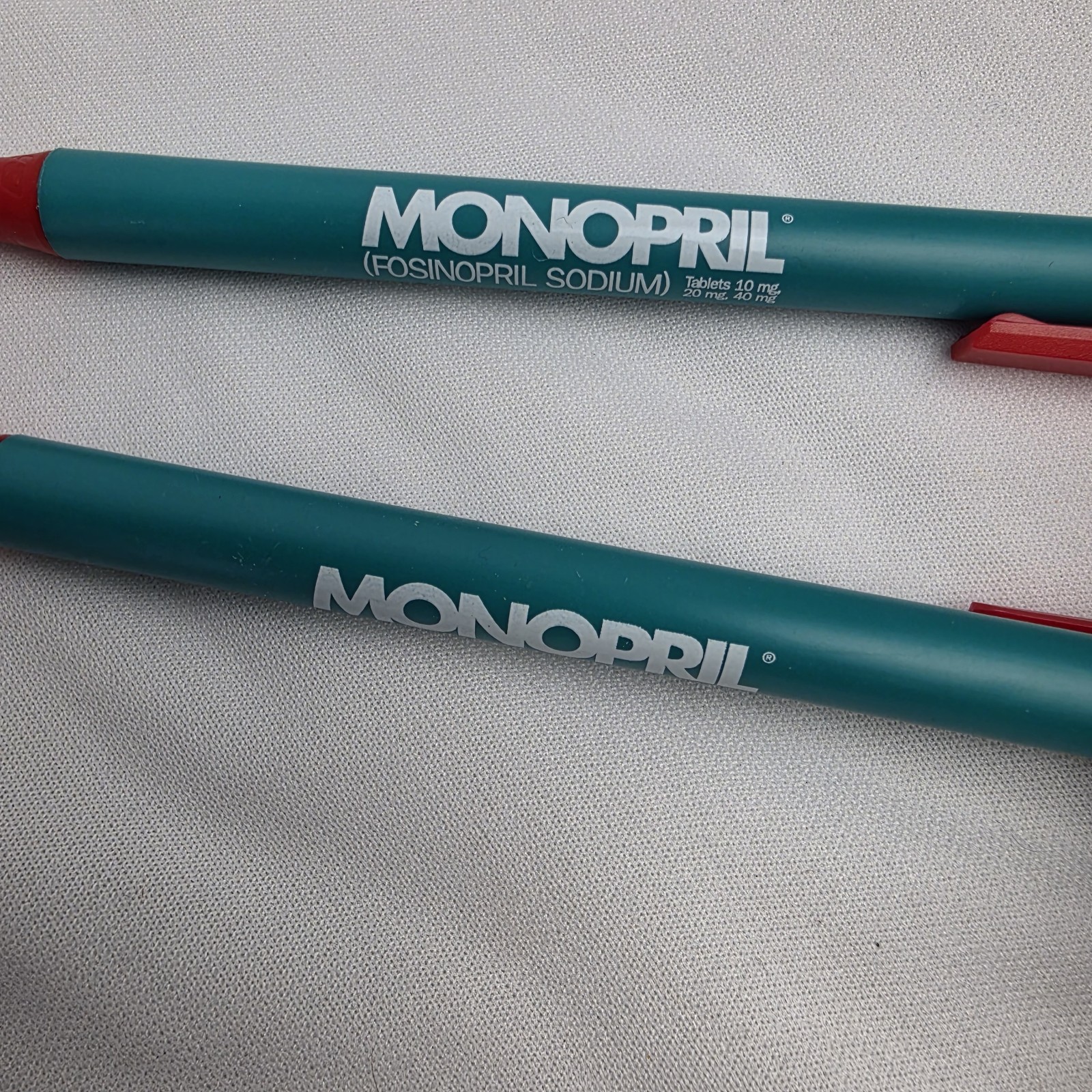Lot of 2 Monopril Medical Drug Rep Pharmaceutical Pens Working Teal Red Bic