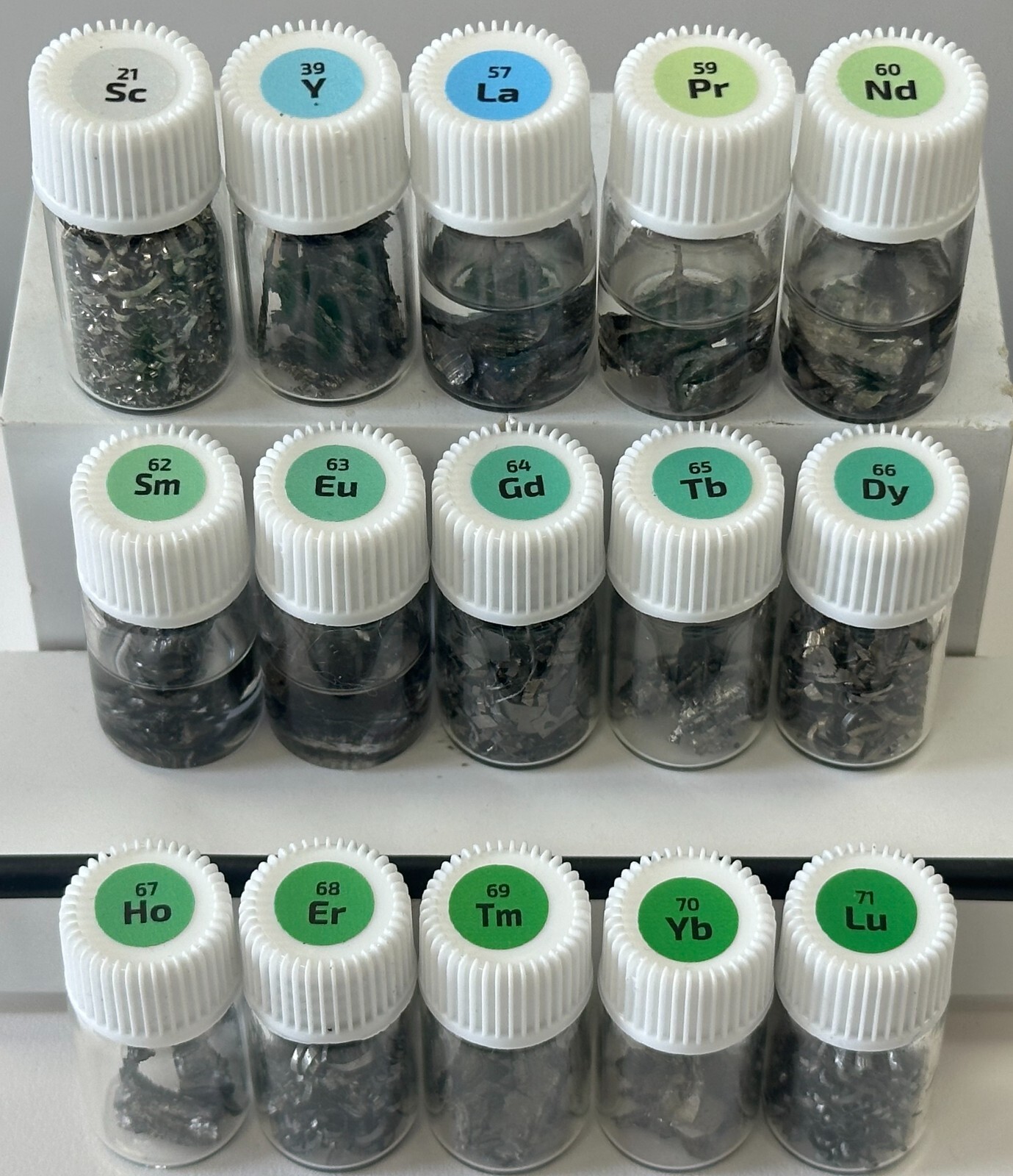 RARE EARTH Metals Set in Labeled Glass Vials, 99.9% 2 Grams Scandium Lutetium