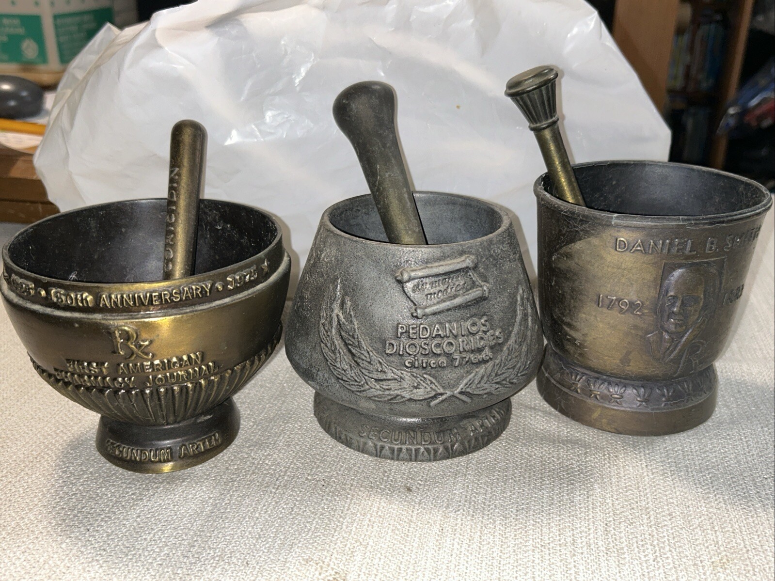 3x Vintage Coricidin Mortar & Pestle Brass Rx Pharmacy 1975,Daniel B Smith +