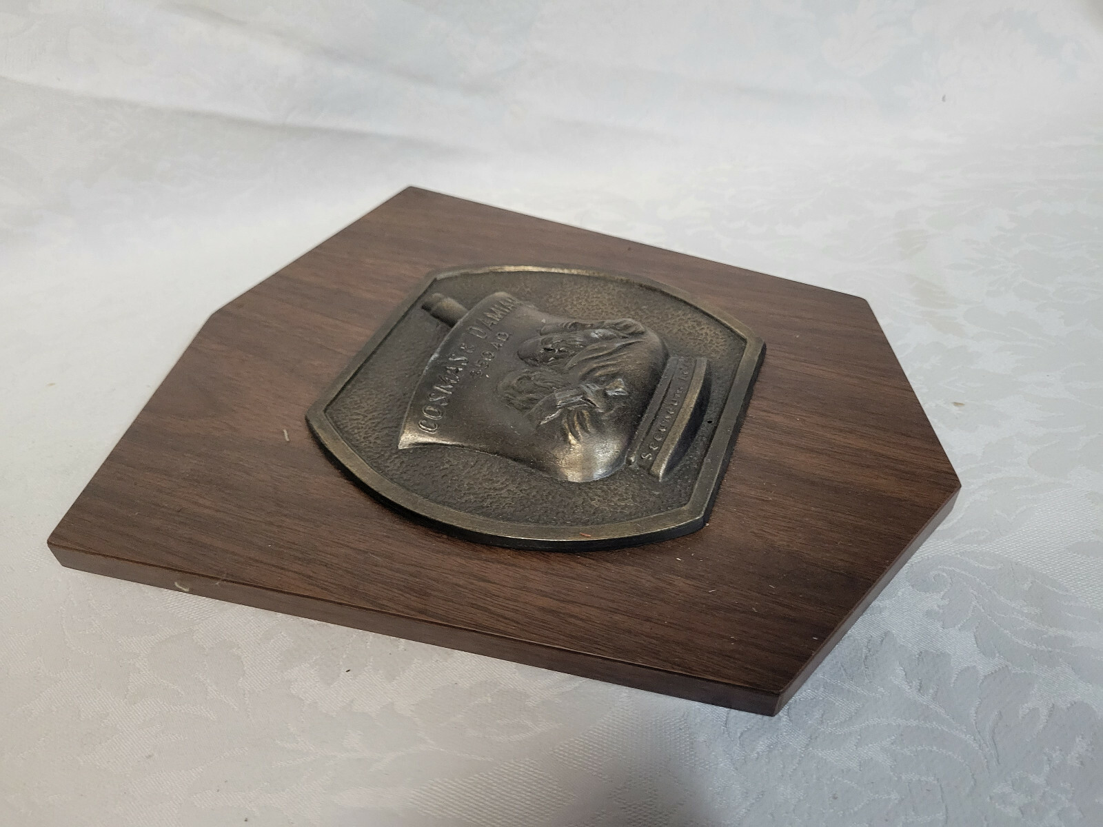 Vtg Pharmaceutical Wooden Metal plaque Secundum Artem RX Cosmas & Damian 350 A.D