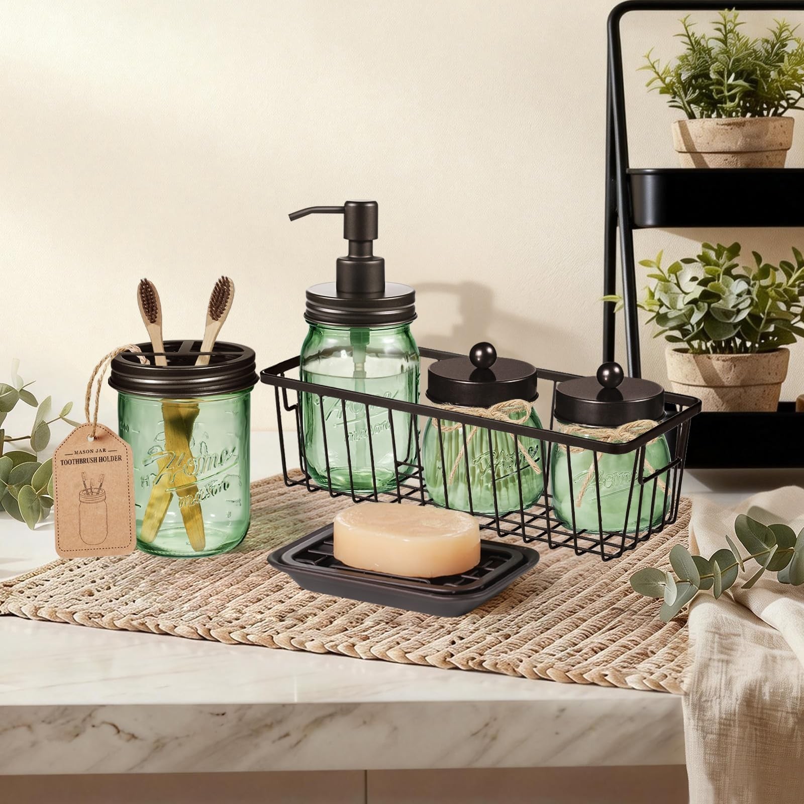 SheeChung Green Bathroom Accessories Set, 6Pcs Mason Jar Glass Bathroom Set, …