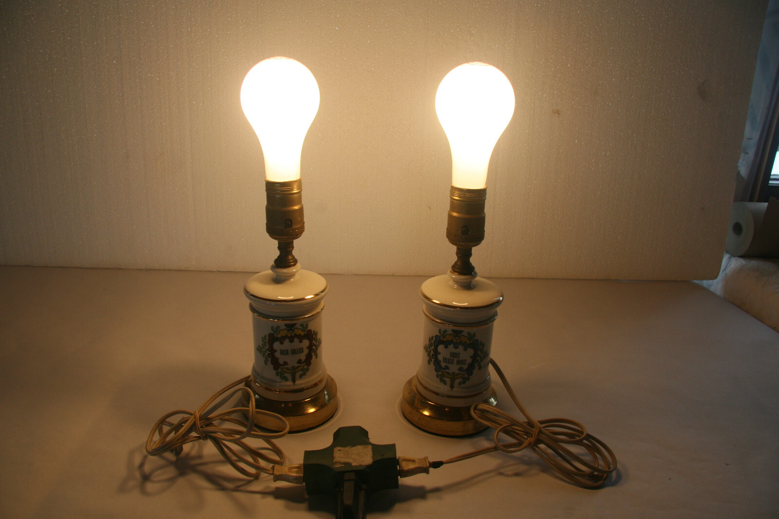 Vintage Pharmacy Apothecary Jar Lamps – Two – Radix Filicis Maris & Rosa Gallica
