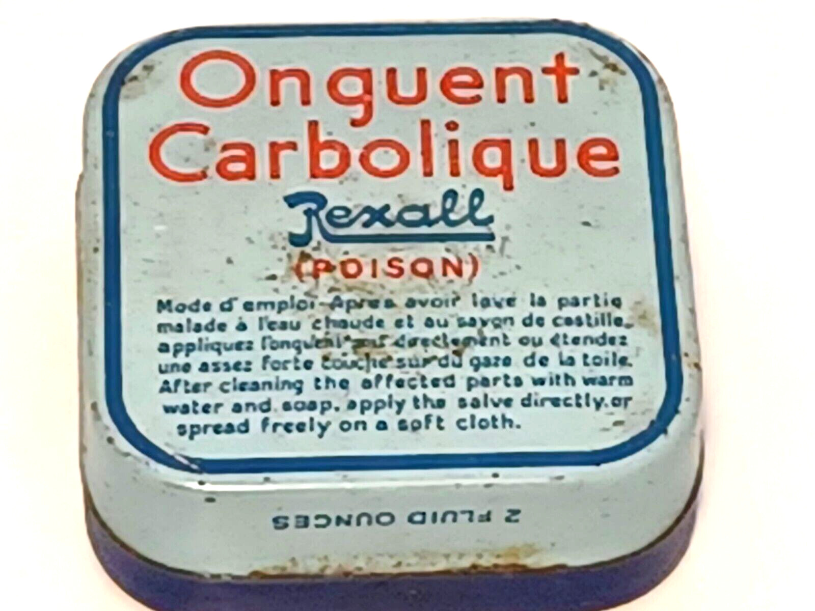 Vintage Pharmacy Rexall Carbolic Salve In Square Tin Blue