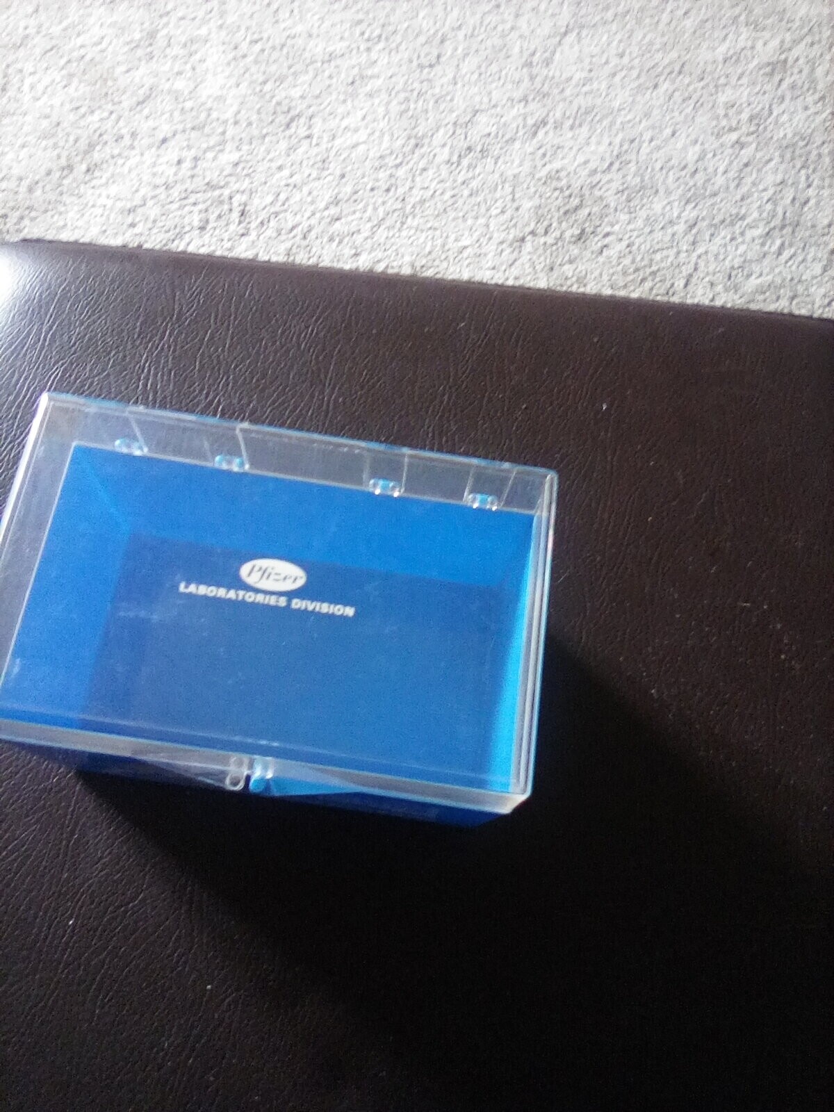 Pfizer advertisement plastic box , vintage holds 3 x 5 cards