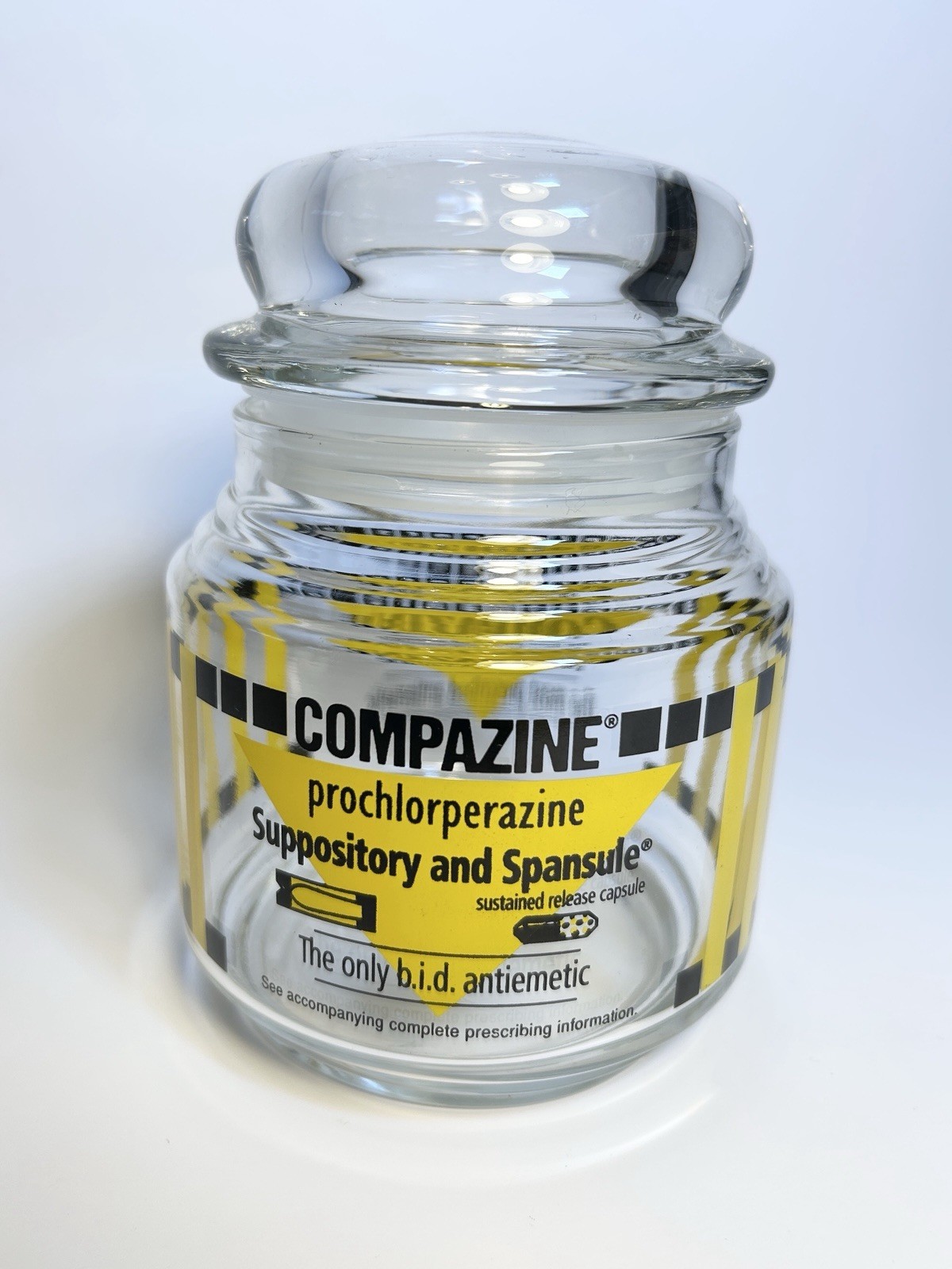 Compazine Vintage Drug Rep Pharmaceutical Advertising Glass Apothecary Jar w Lid