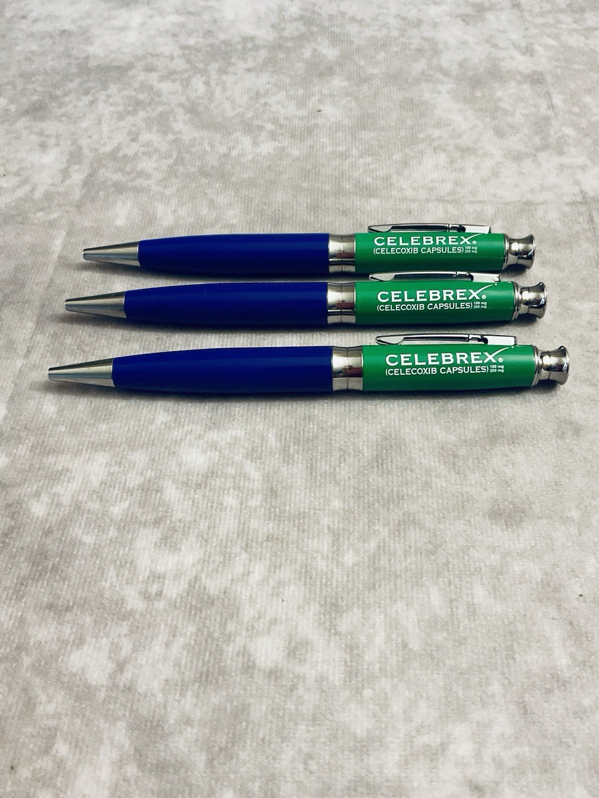 CELEBREX PHARMACEUTICAL REP PENS METAL GREEN BLUE GRIPS CHROME CLIP LOT OF 3