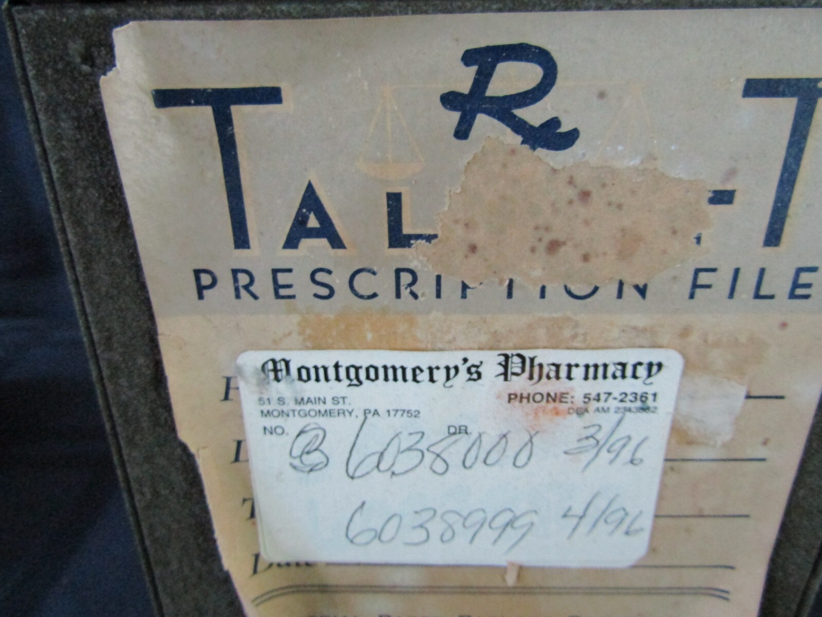 Vintage Talbot Prescription File- Metal Box- Montgomery PA- Miller’s Pharmacy #1