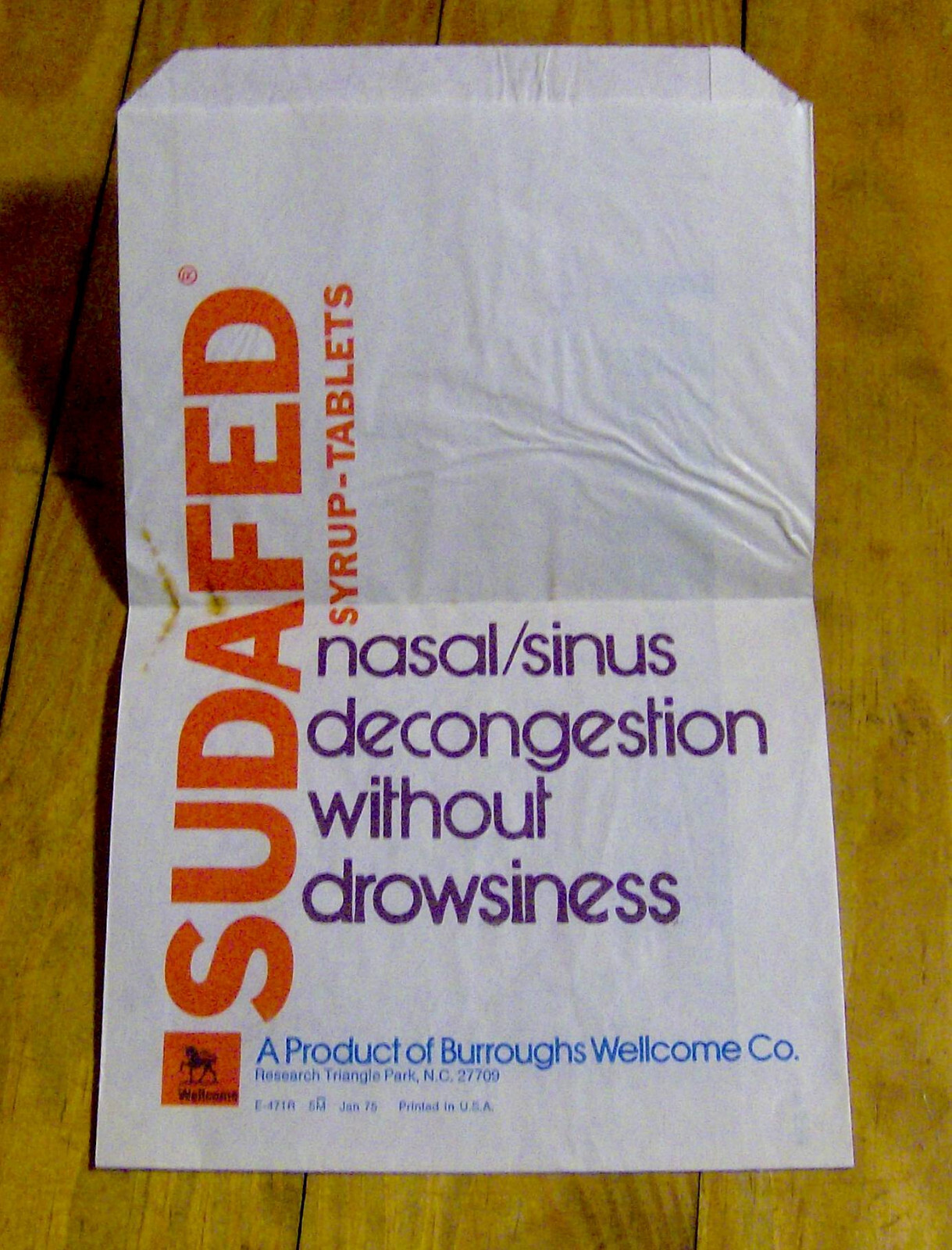 vintage 1970s pharmaceutical advertising bag SUDAFED EMPIRIN Burroughs Wellcome