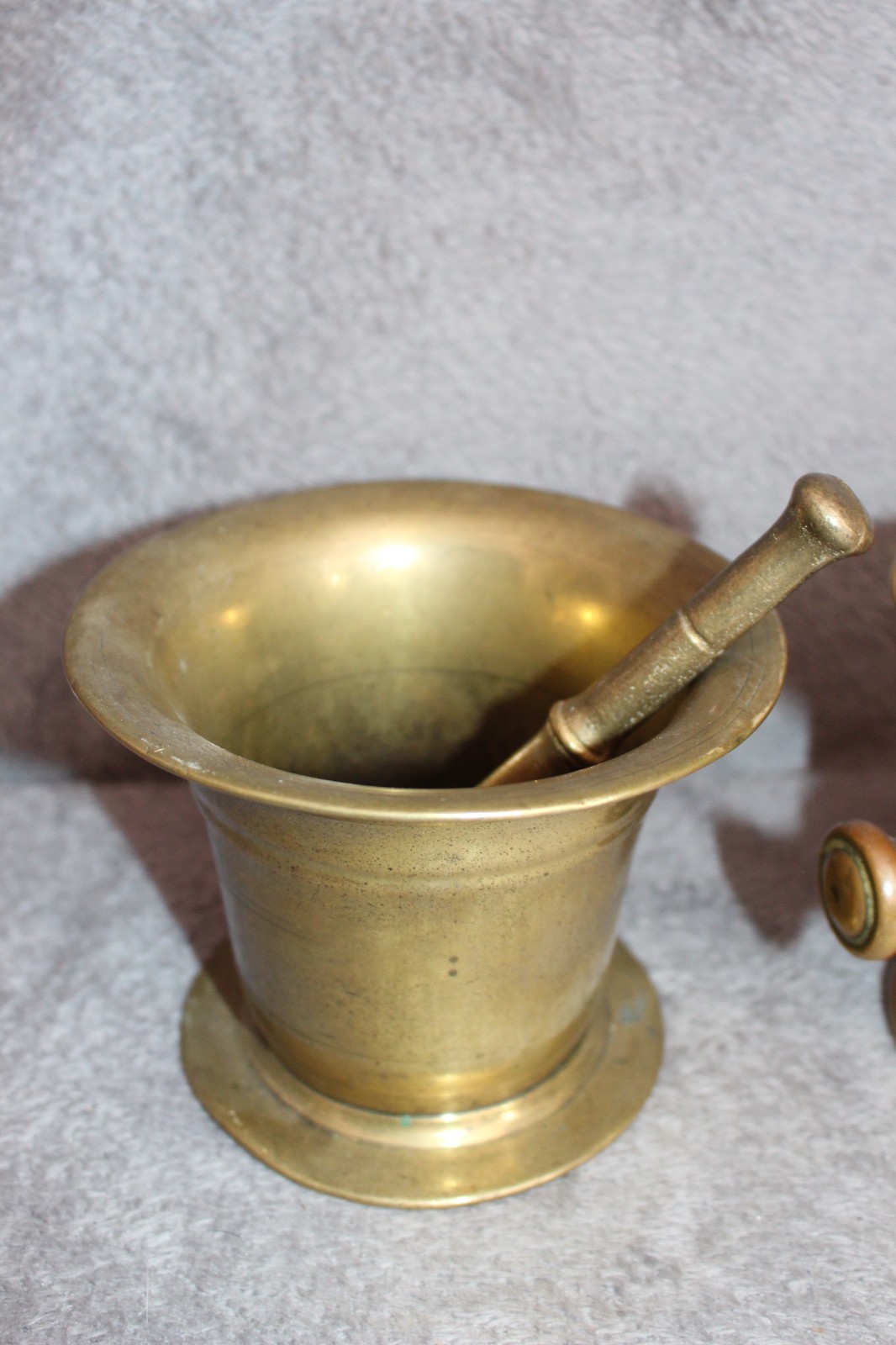 3 x Brass Pestel and Mortars inc one miniature, one antique, one vintage in vgc
