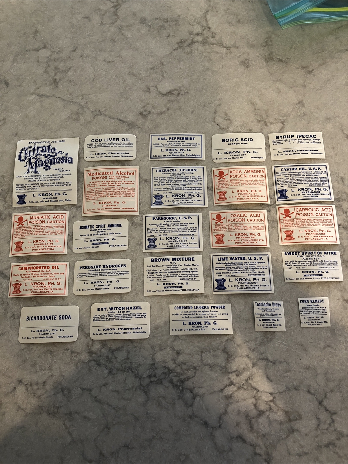 Lot 24 Antique Medicine Bottle Labels Opium, Poison – L. Kron Ph. G. Phila.