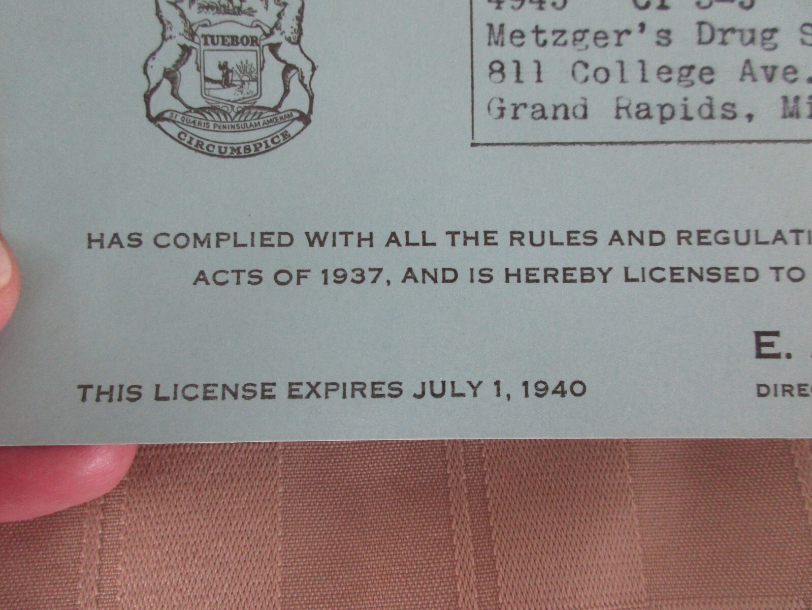 State of Michigan Narcotic License Expires July 1, 1940 – Grand Rapids, Michigan