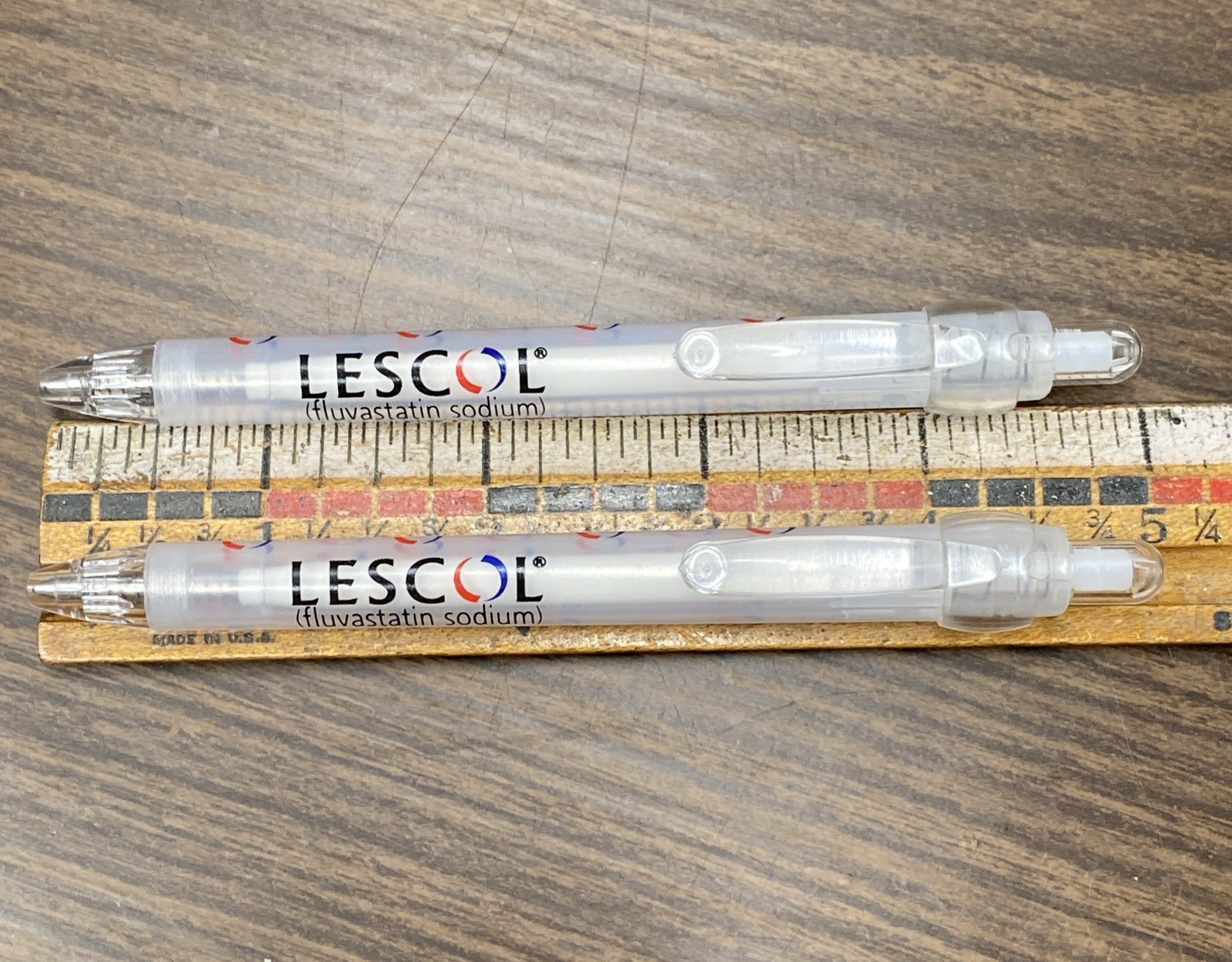 2 Vtg Pharmaceutical Advertising LESCOL Fluvastatin Drug Rep Click Pens WRITES