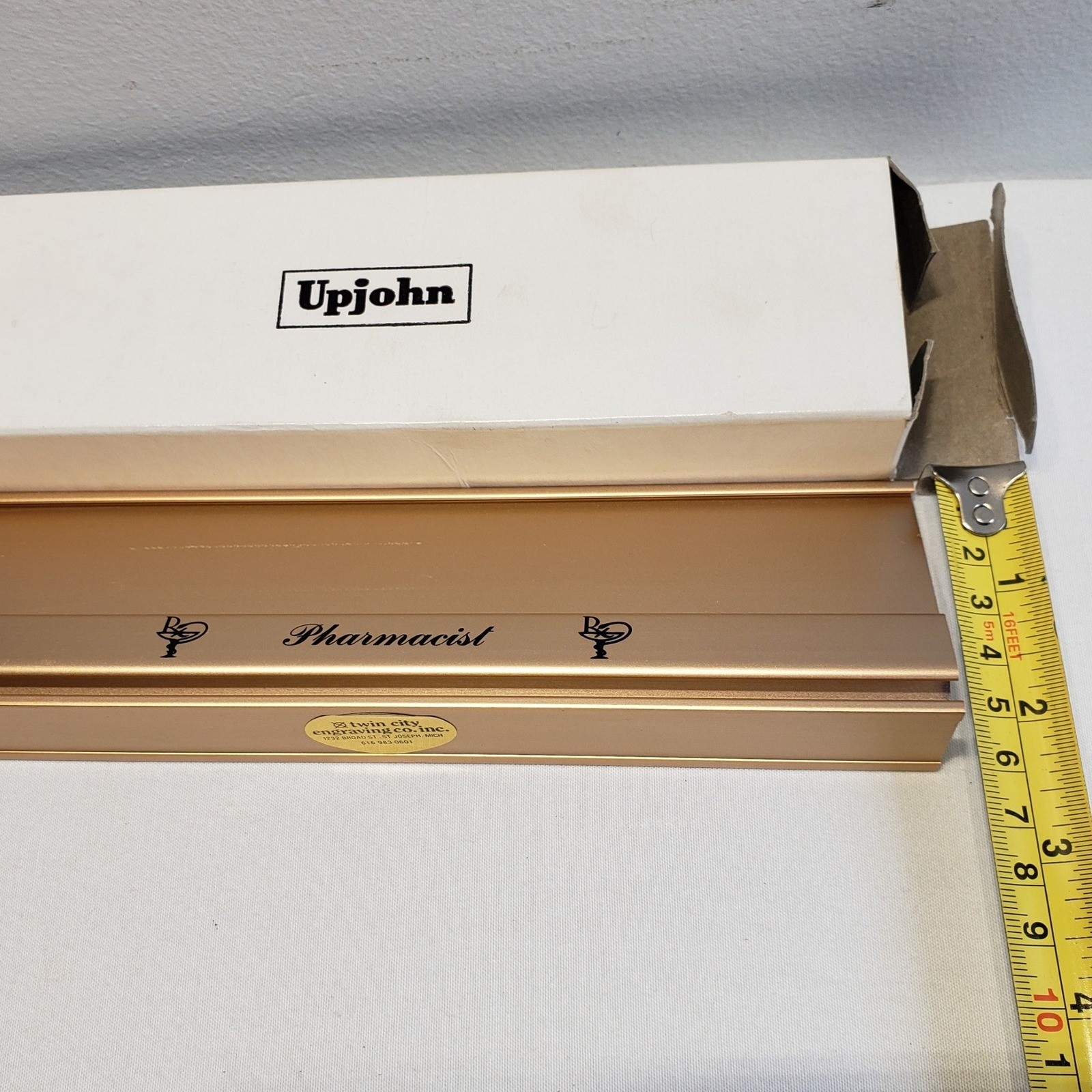 Upjohn Desk Name Plate Holder Gold Pharmacist Medical Vintage