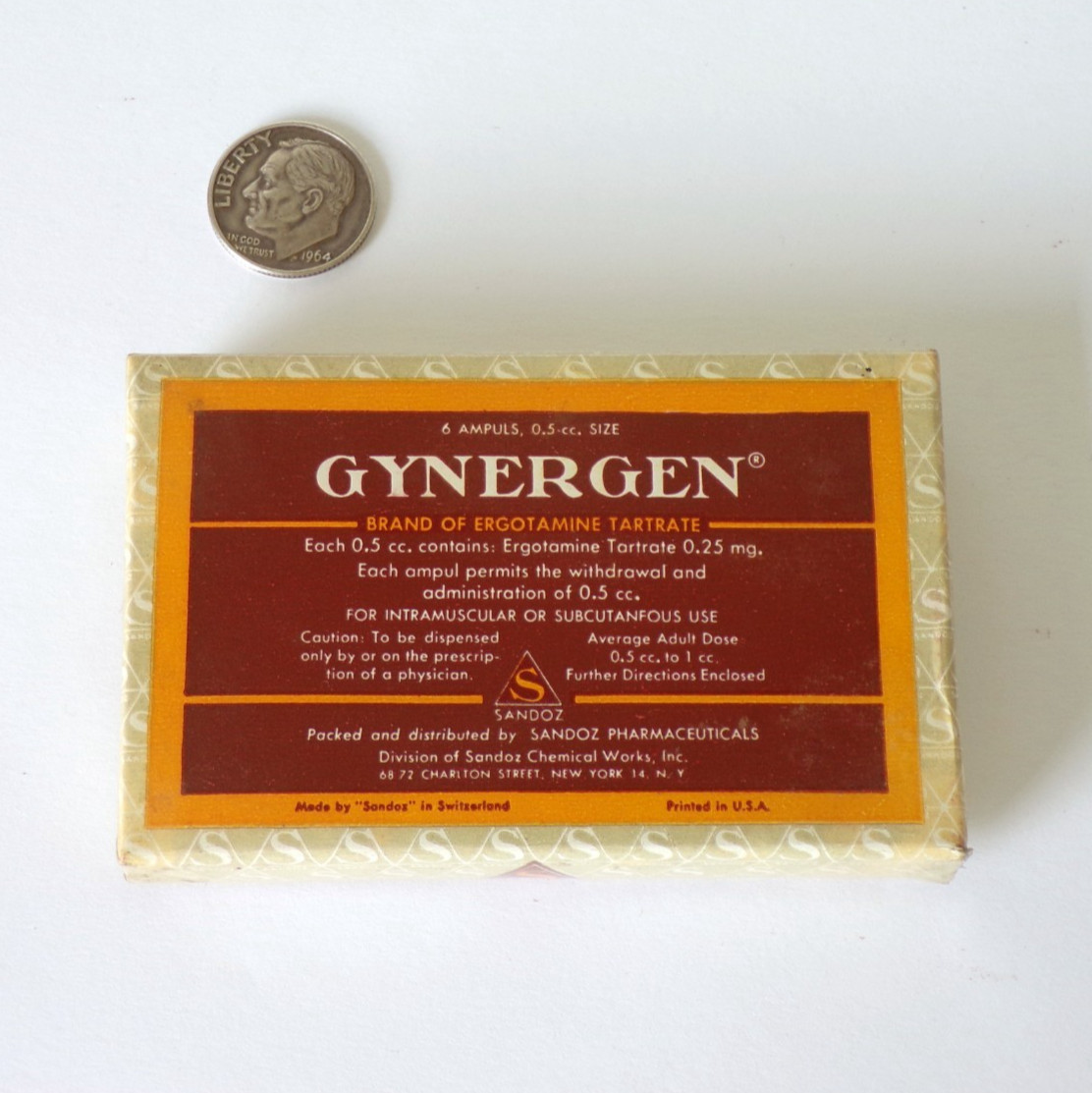 UN-OPENED Box Sandoz GYNERGEN Brand ERGOTAMINE TARTRATE 6 Ampuls PHARMACEUTICAL