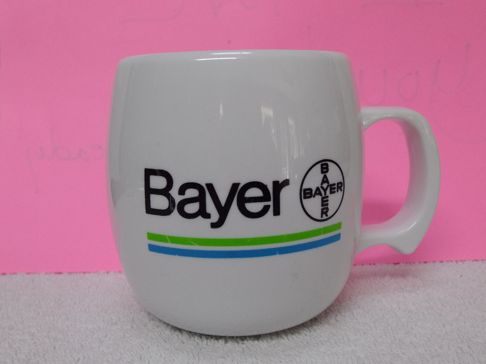 Bayer Pharmaceutical Advertisement Coffee Cup Mug Made in USA Thick Plastic
