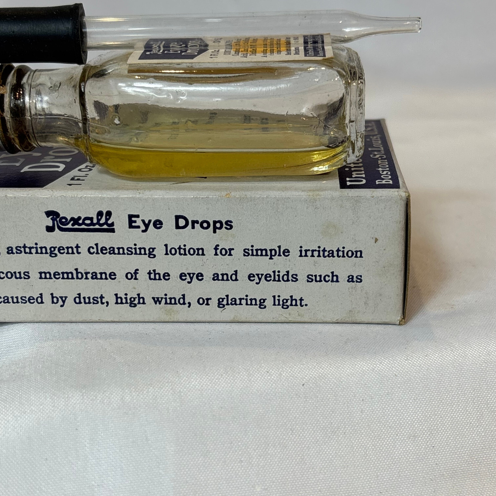 Vtg Rexall Eye Drops Clear Glass Bottle In Original Box 1 Fl Oz United Drug Co.