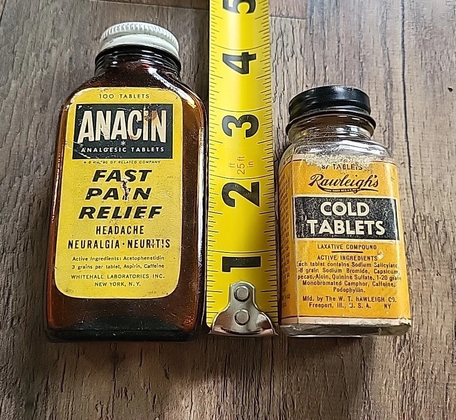 Vtg 1950s 1960s ANACIN Whitehall glass bottle Rawleighs Cold Tablets Lot Of 2