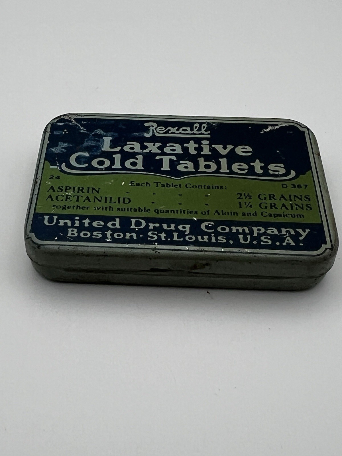 Vintage Rexall Laxative Cold Tablets Tin United Drug Company Empty
