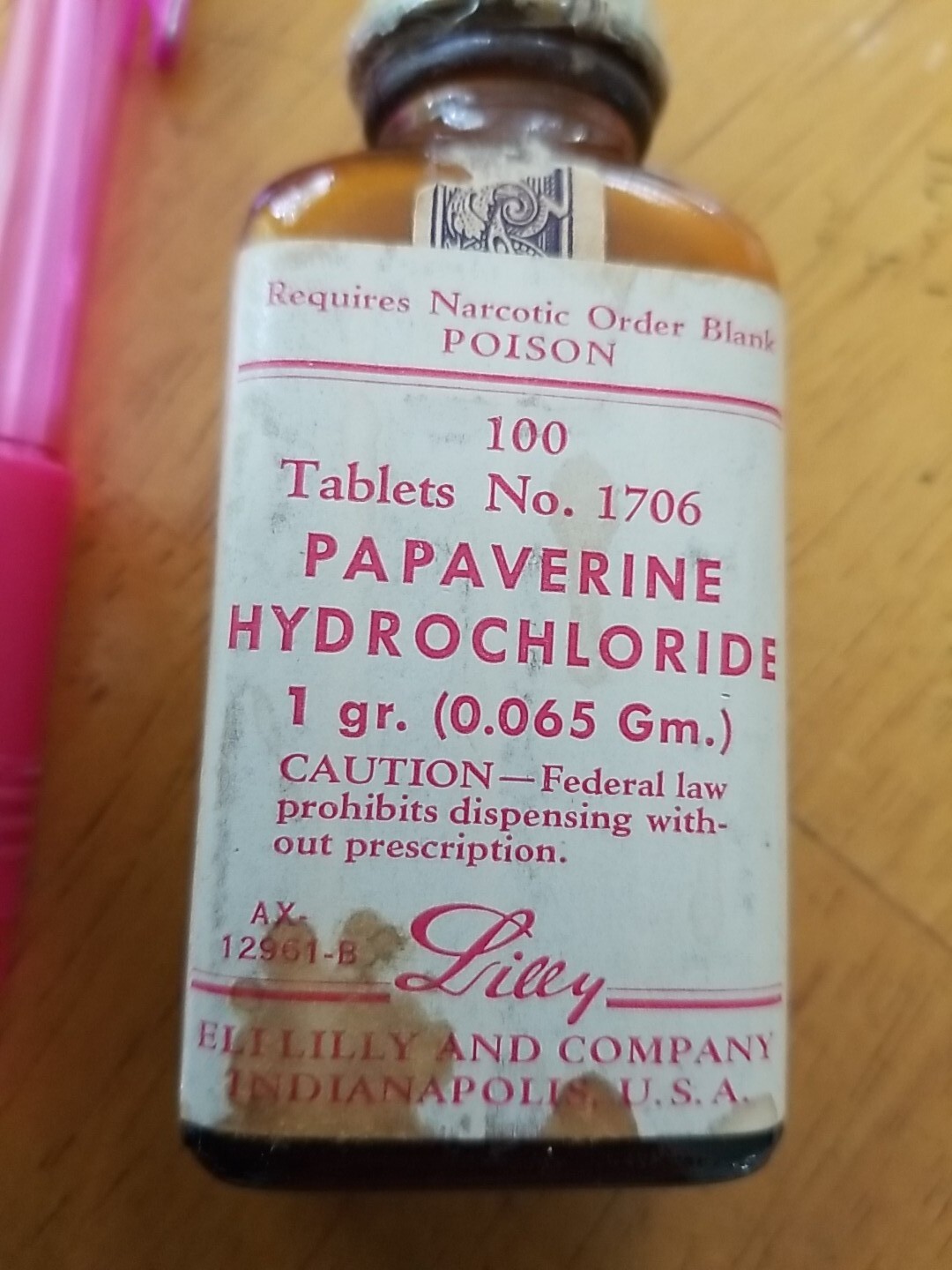 100 Tablet PAPAVERINE Empty Bottle Dispensing 1960s Narcotic Lilly Poison