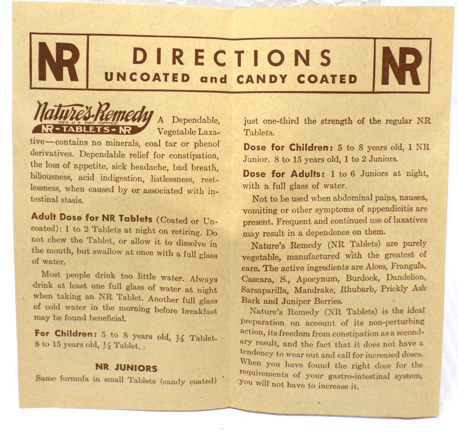 Vintage Paper 1933’s Nature’s Remedy Tablets Directions, & brochure +Old Tums Ad