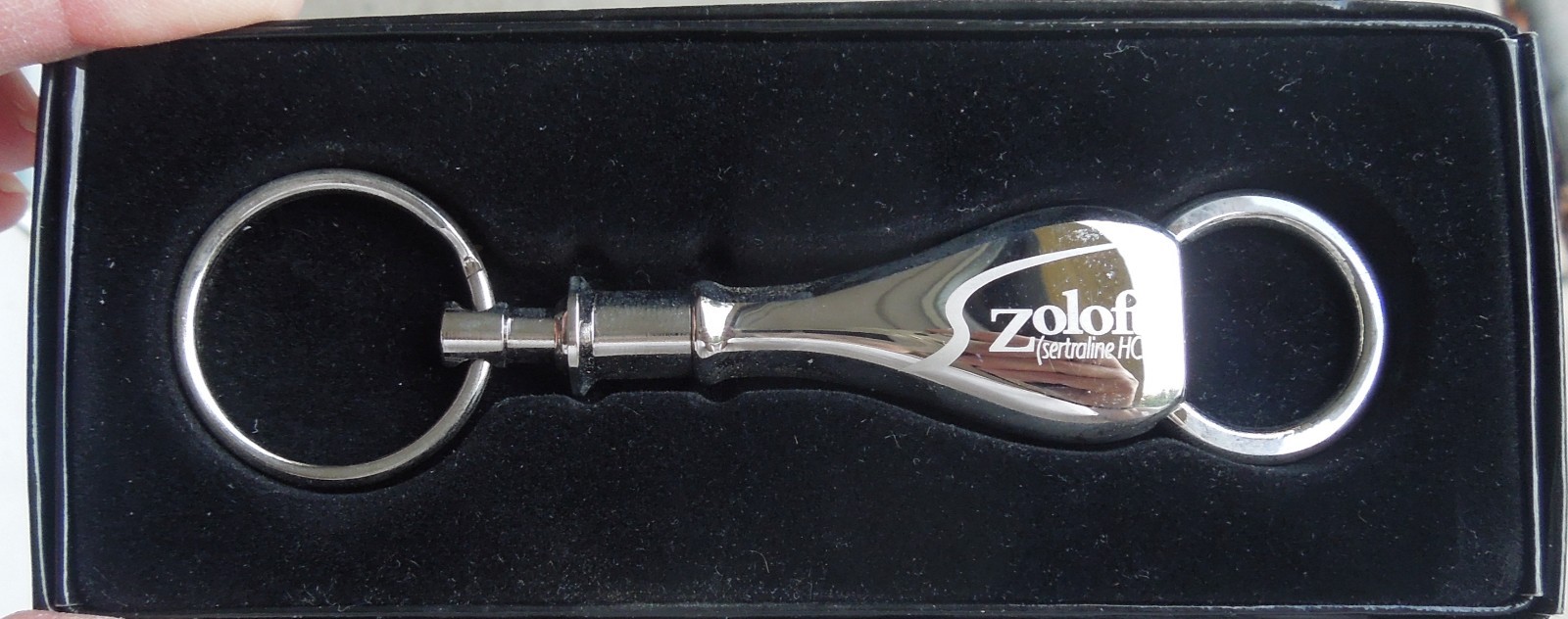 Rare ZOLOFT Pharmaceutical Drug Rep Promo Silver Tone Keychain NIB ~ 4.5″ Long