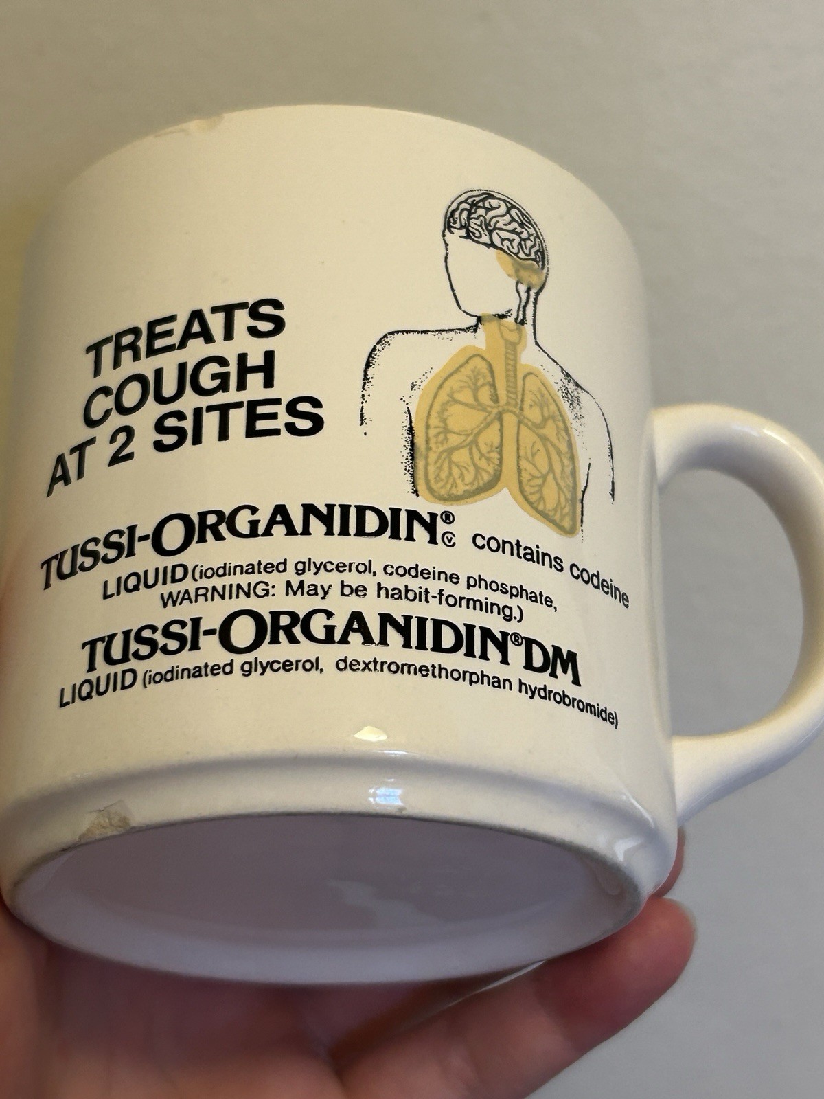 RARE VTG 1980s Pharmaceutical Ad Mug Cup Cough Syrup Tussi-Organidin Codeine