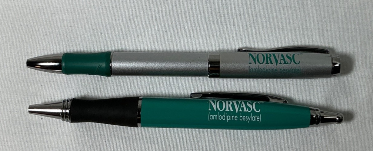 Pharmaceutical Drug Rep Promo Pens: Pfizer Norvasc, Lot of 2 Metal Pens