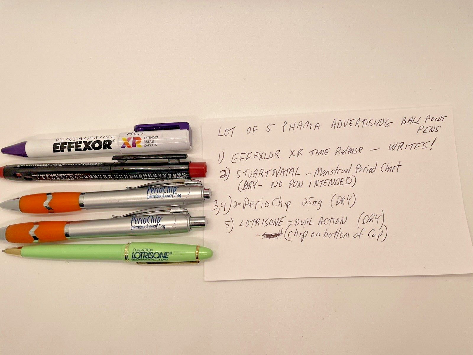 5 Pharma advertising ballpoint pens: Effexor StuartNatal 1+1 PerioChip Lotrisone