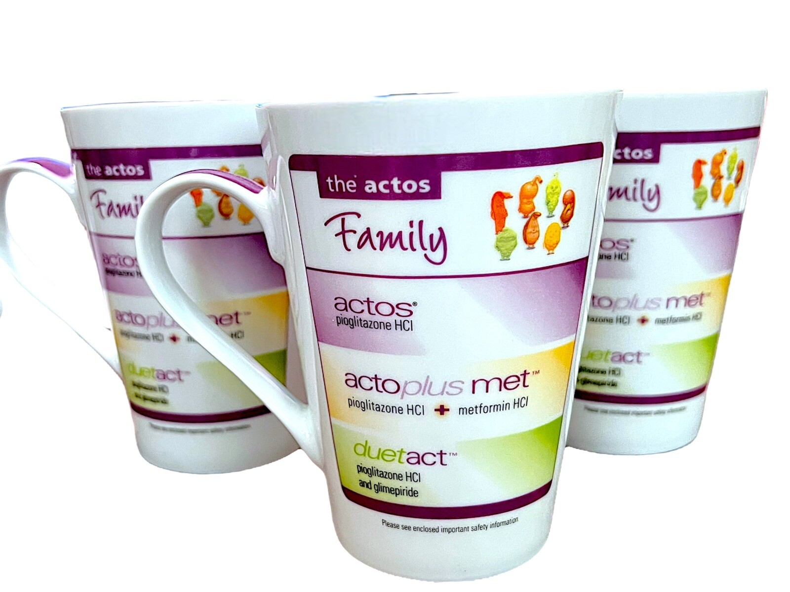 3 Actos Family Pharmaceutical Drug Rep Coffee Tea Mugs Cups Collectible 12oz